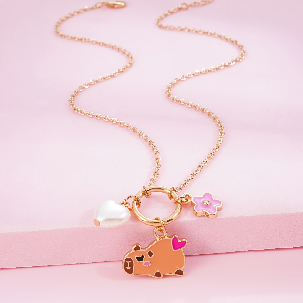 Girls' Capybara Enamel Flower Heart Pendant Necklace